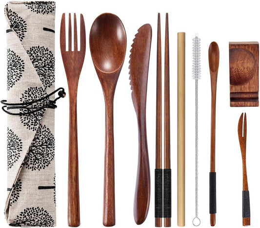 OKA Reusable Wooden Travel Cutlery Set Japanese Style Lunch Utensil Set with Case,9 Pcs Wooden Flatware Including Reusable Knife Fork Spoon Chopsticks Straws & Cleaning Brush
