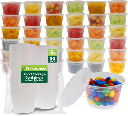 Freshware Food Storage Containers with Lids [60 Pack 8, 16, 32 oz, 20 sets each size] Plastic Deli Containers, Meal Prep Containers, Microwave and Freezer Safe, Stackable, Leakproof, BPA Free, Clear