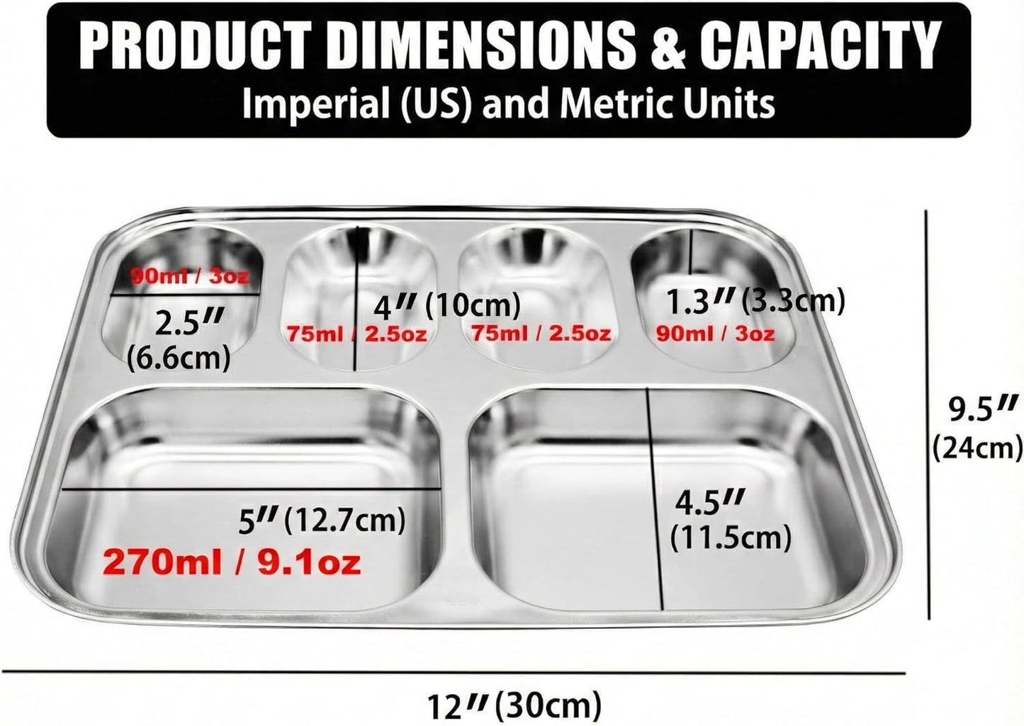 Korean Stainless Steel Divided Plates for Adults, Teens, Premium 304, Electro-Polished, No Black Residue, BPA-Free, Large 5-Compartment Food Tray, Diet Portion Control, Camping, Set of 2
