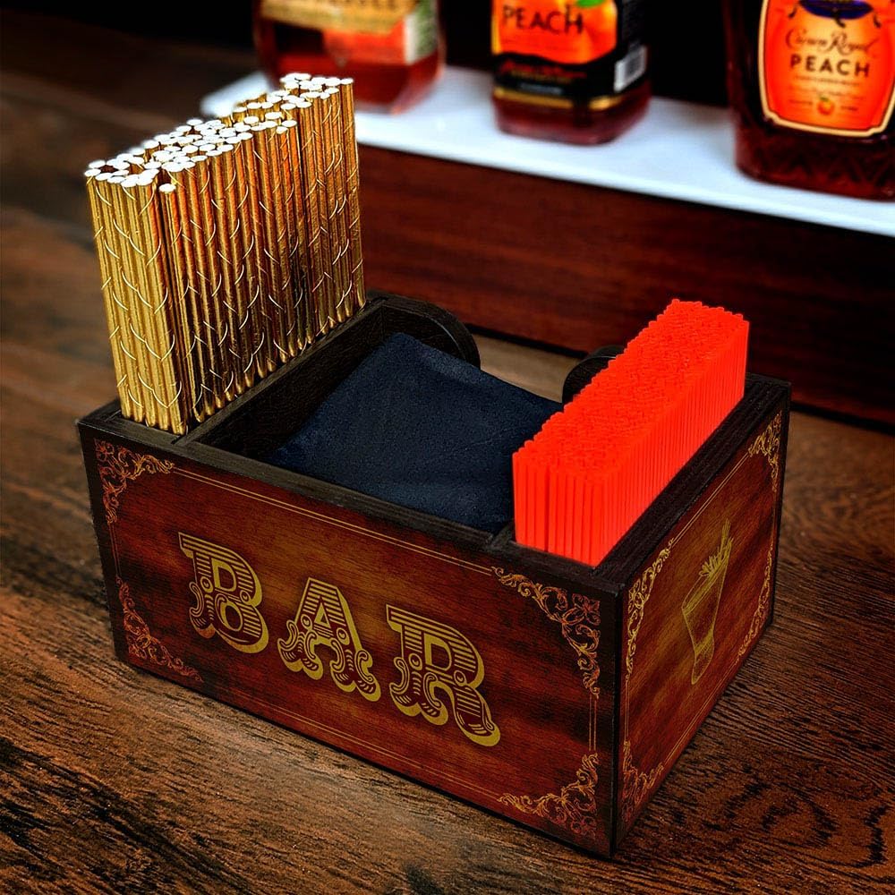 Wooden Utensil Holder Napkin Bar Caddy Parent (American Flag Black)