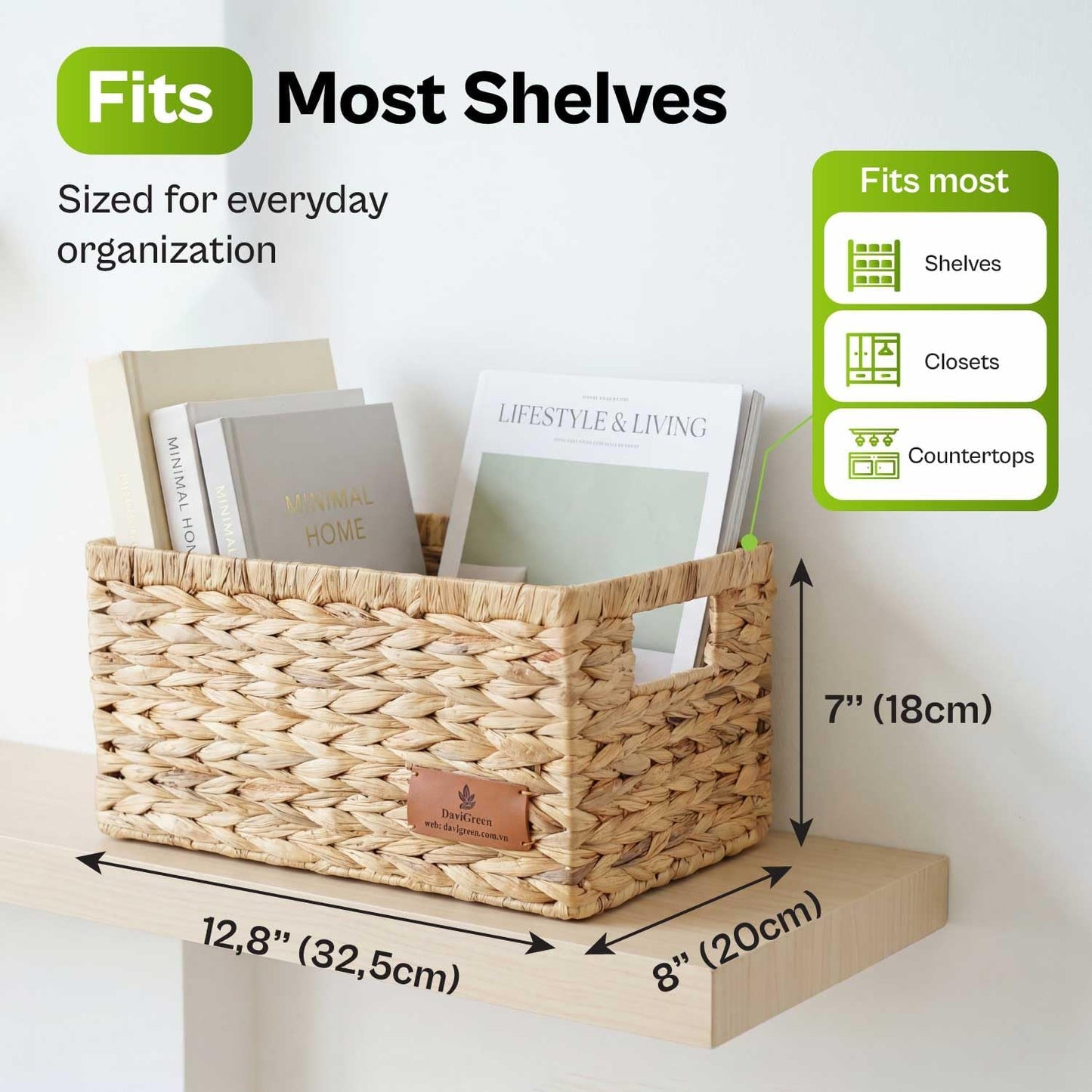 Water Hyacinth Storage Baskets Set of 2 with Handles, Rectangular Storage Baskets for Shelves, Open-Top Wicker Shelf Baskets for Closet, Bathroom, Pantry & Home Organization