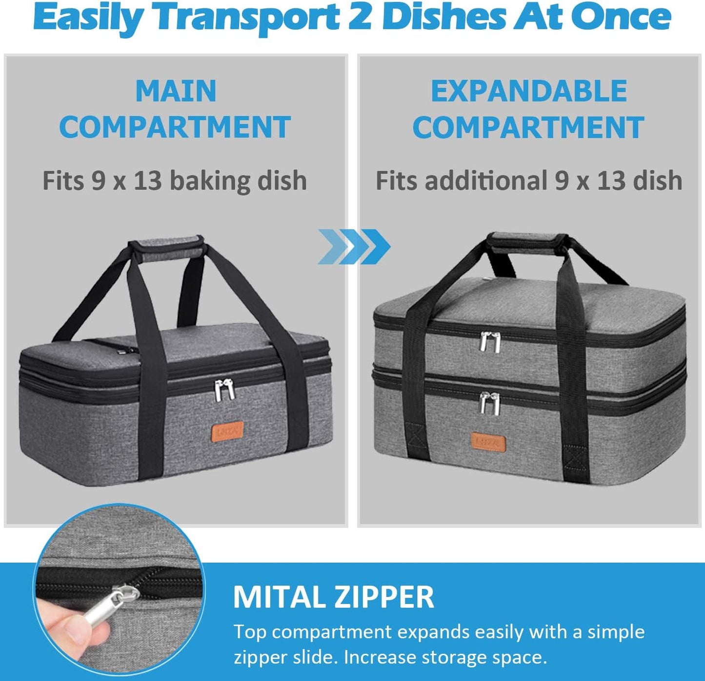 LHZK Double Decker Insulated Casserole Carrier for Hot or Cold Food, Expandable Hot Food Carrier, Lasagna Holder Tote for Potluck Parties, Picnic, Beach, Fits 11 x 15 or 9 x 13 Baking Dish (Black)