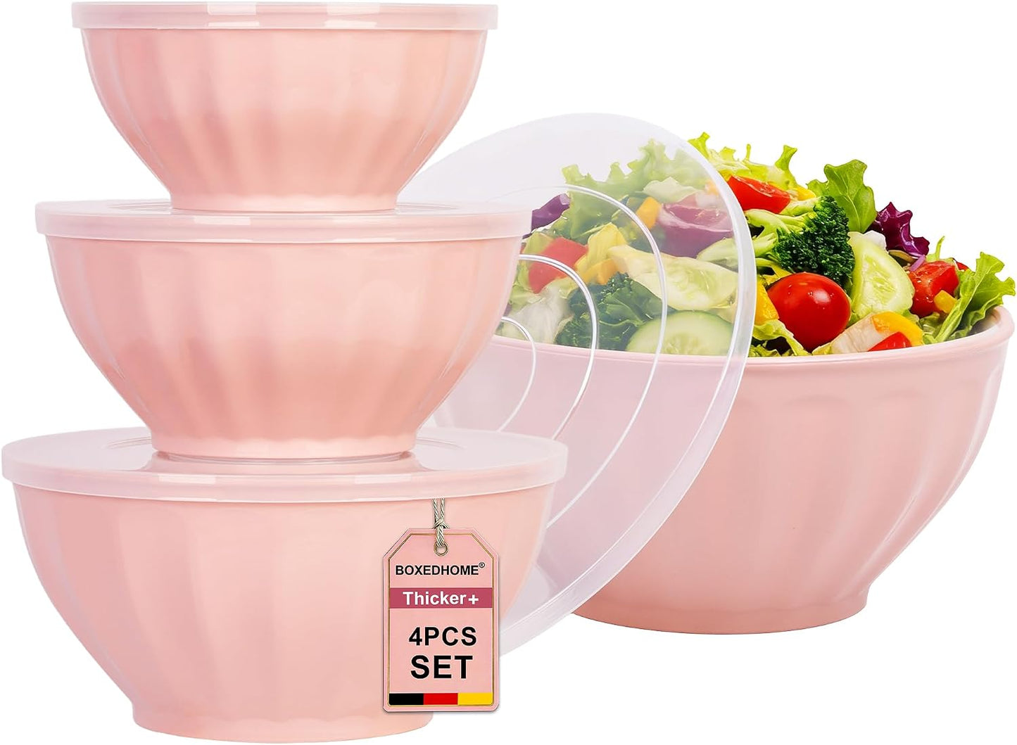 BoxedHome BPA Free Plastic Round Mixing Bowl with Lids, 12 Pack Nesting Bowls with Lids Set, Microwave and Dishwasher Safe Prep & Serving Bowls Great for Mixing, Baking, Serving (pinkish green, 12pcs)