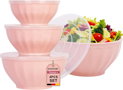 BoxedHome BPA Free Plastic Round Mixing Bowl with Lids, 12 Pack Nesting Bowls with Lids Set, Microwave and Dishwasher Safe Prep & Serving Bowls Great for Mixing, Baking, Serving (pinkish green, 12pcs)