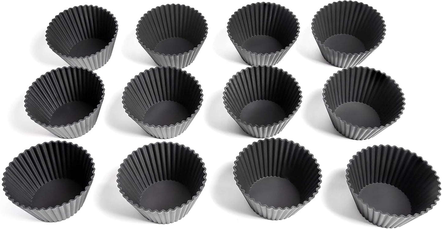 Premium Reusable Silicone Muffin Liners - 12 BPA Free Silicone Cupcake Molds for Baking - LFGB/FDA - (Standard, Black)