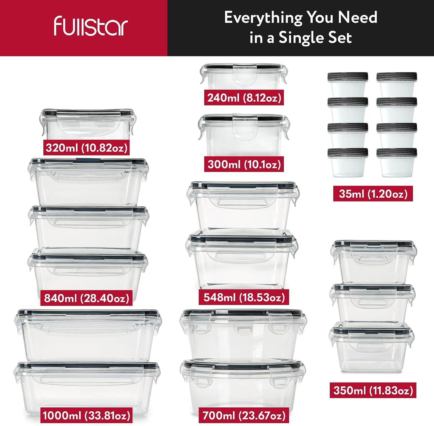 fullstar 50-Piece Plastic Food Storage Containers with Lids (24 Containers & 24 Lids) - Leakproof, BPA-Free, Meal Prep Containers, Reusable Lunch Storage Set for Kitchen Organization (Pack of 50)