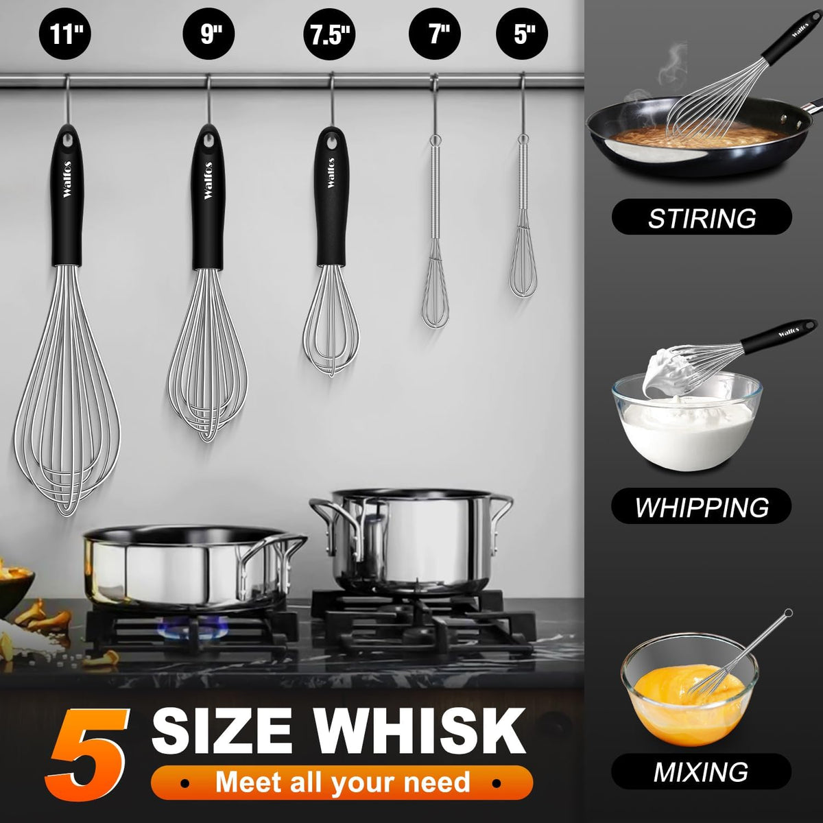 Walfos Whisk,304 Stainless Steel whisk,No-Rust 7+9+11inch Whisks for cooking Nice for Blending,Whisking,Beating.Heat resistant 600°F Dishwasher Safe. Heavy duty kitchen whisk.SILVER