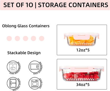 10 Pack Glass Food Storage Containers with Lids (34oz & 12oz) - Airtight, Leakproof, Meal Prep Containers for Kitchen - Dishwasher, Microwave, Oven, Freezer Safe High Borosilicate Glass (Pink)