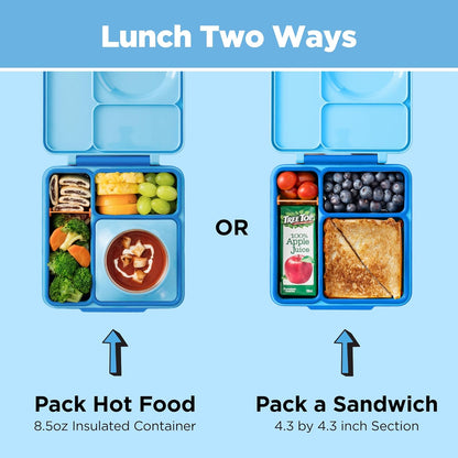 OmieBox Bento Box for Kids - Insulated Bento Lunch Box with Leak Proof Vacuum Insulated Food Jar - 3 Compartments, Two Temperature Zones (Blue Sky)