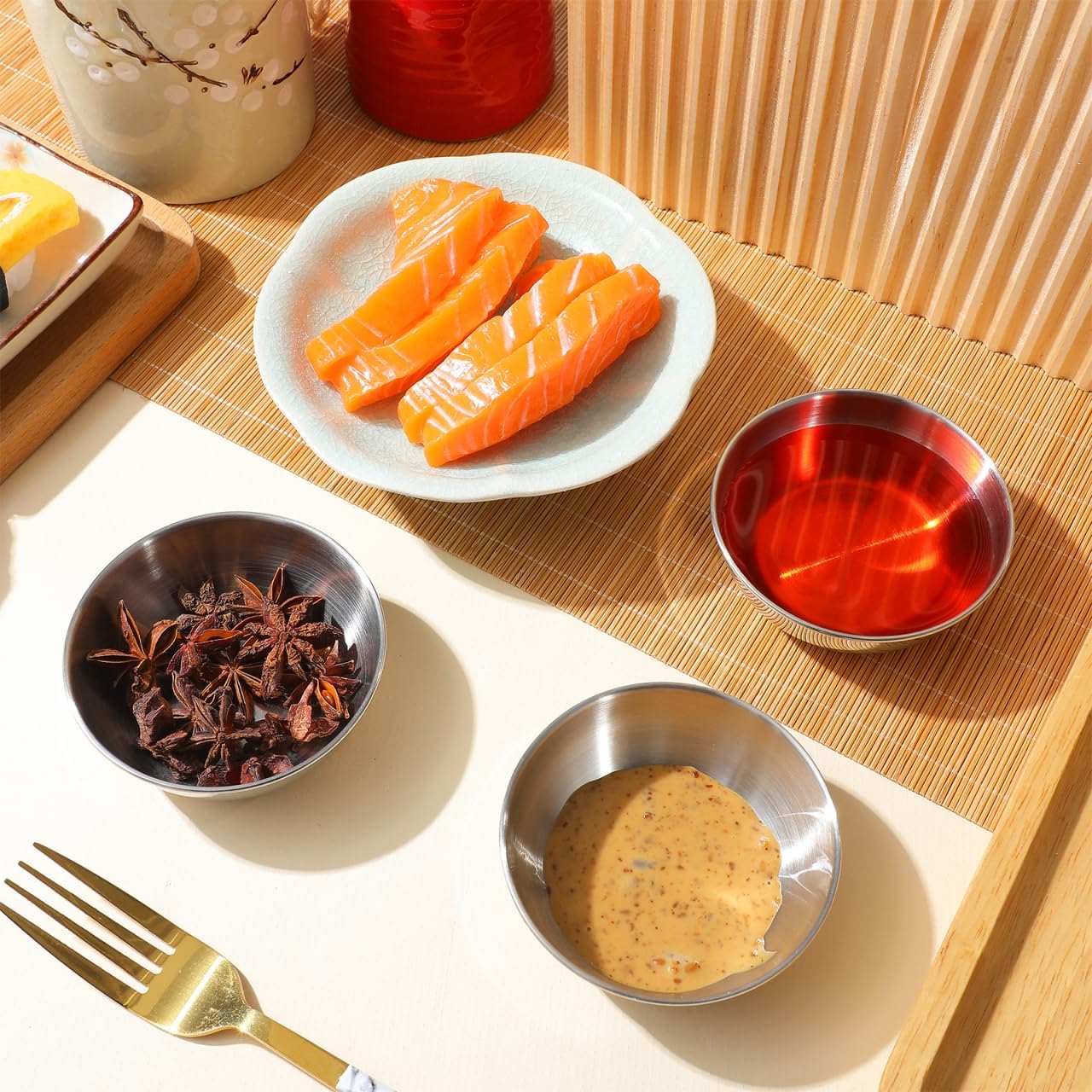 Healeved 8pcs Stainless Steel Sauce Dishes Round Seasoning Dishes Sushi Dipping Bowls Saucers Bowl Mini Appetizer Plates Seasoning Dish Saucer Plates Mini Bowls 3.15 Inch