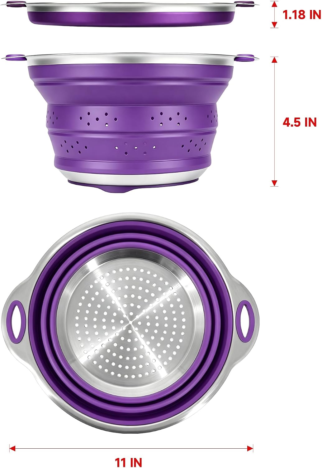 Mejoncb Collapsible Colander – Platinum Silicone Strainer with Stainless Steel Base, BPA-Free & Heat Resistant Kitchen Drain Basket (Gery)