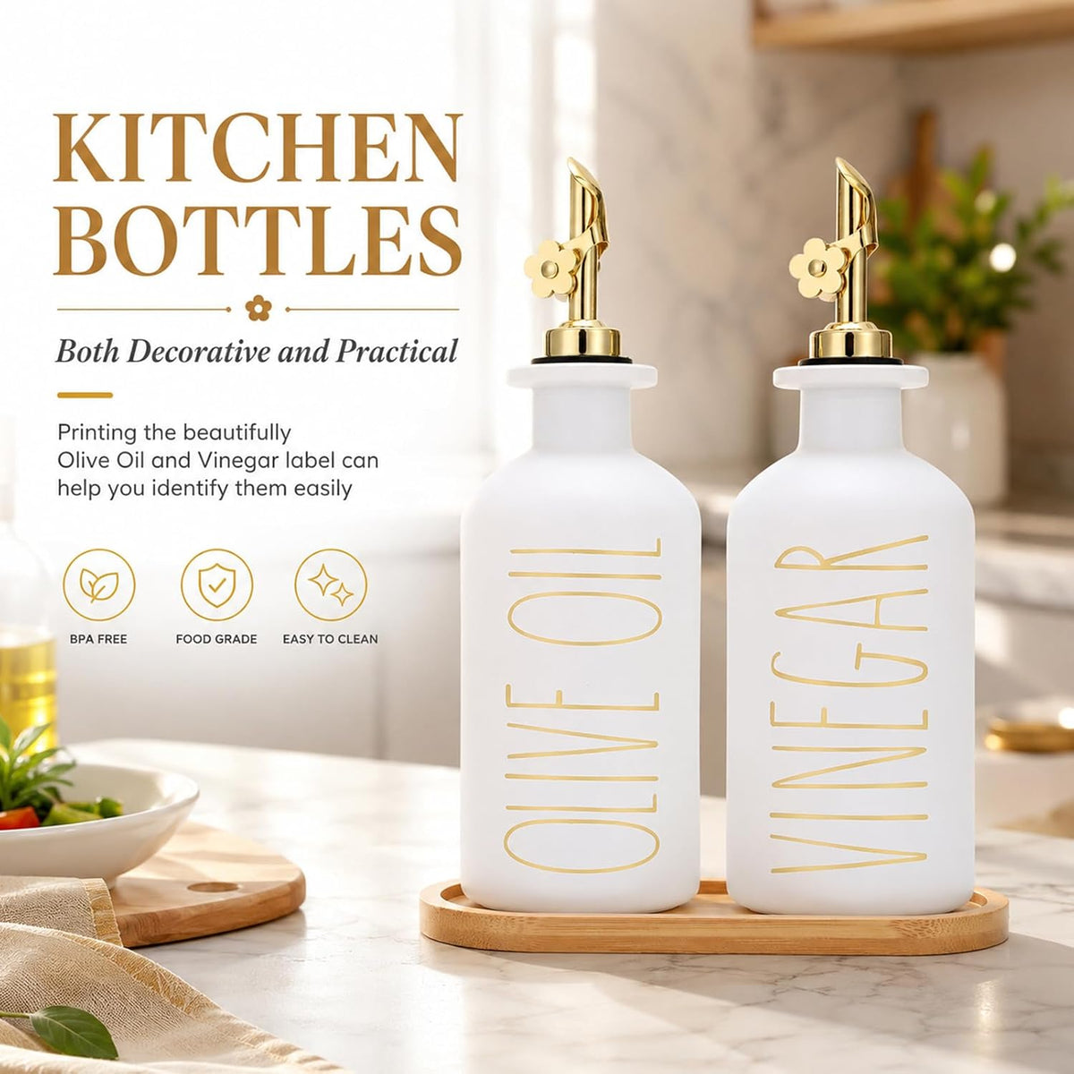 HOMCDALY Premium Olive Oil Dispenser for Kitchen, 11.8oz Glass Oil Bottles with Bamboo Tray, White Oil&Vinegar Cruet Set, Kitchen Dispenser Bottles with Pourer| Set of 2 (11.8oz –P–White)