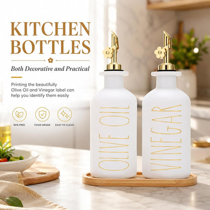 HOMCDALY Premium Olive Oil Dispenser for Kitchen, 11.8oz Glass Oil Bottles with Bamboo Tray, White Oil&Vinegar Cruet Set, Kitchen Dispenser Bottles with Pourer| Set of 2 (11.8oz –P–White)