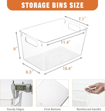 Freebat 12 Pack Middle Organizers and Storage, Pantry Organization and Storage Bins, Cabinet Organizer, Clear Plastic Storage Containers with Handle，Acrylic Storage Bins for Cabinet, Fridge