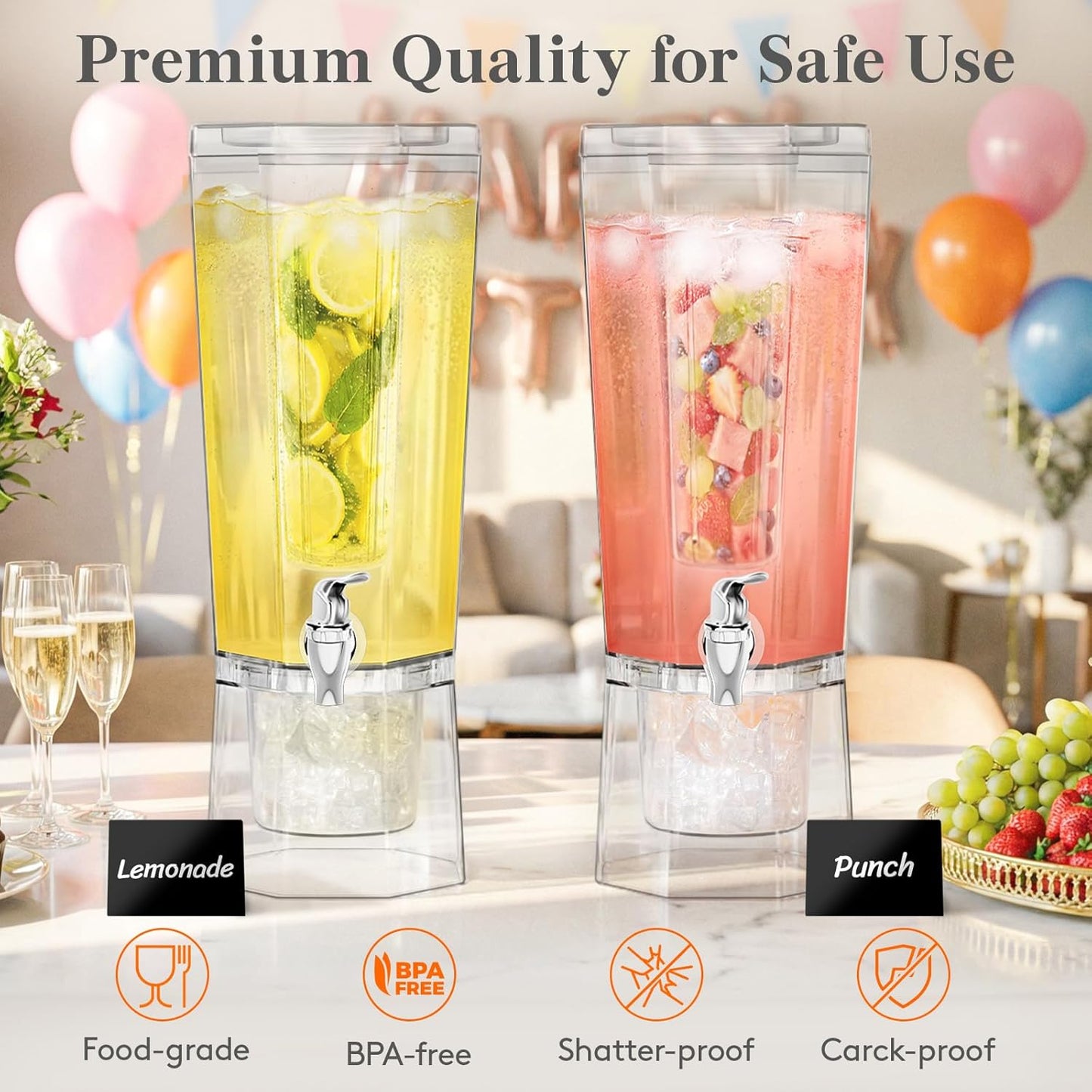 Lifewit 1 Gallon Drink Dispenser for Parties 2 Pcs, Plastic Beverage Container for Juice/Tea/Soda with Stand & Fruit Infuser, Clear Lemonade Dispenser with Leak-Proof Spigot, BPA Free Water Pitcher