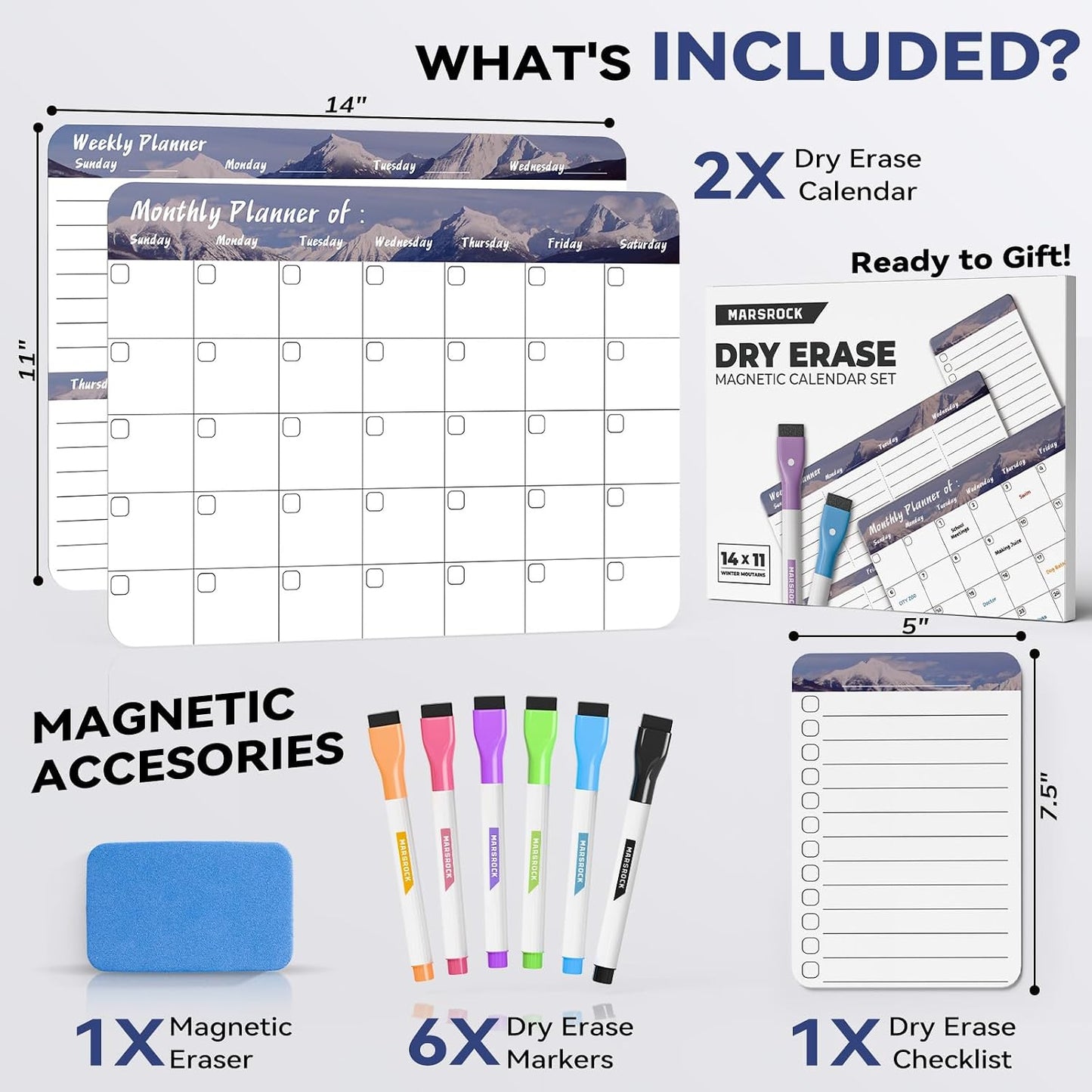 MARSROCK Refrigerator Calendar Magnetic, 16.3x11.7” (4-Pack) – Weekly & Monthly Planner, Chore Chart, Grocery/to-Do List for Fridge, Includes 8 Markers, 6 Magnets & 1 Eraser for Kitchen, Yellow