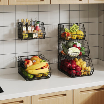 3-Tier Stackable Wire Baskets for Counter, Fruit and Vegetable Storage, Potato and Onion Storage Bin，Kitchen Pantry Organizer - Wall Basket for Produce/Snack/Can, Black