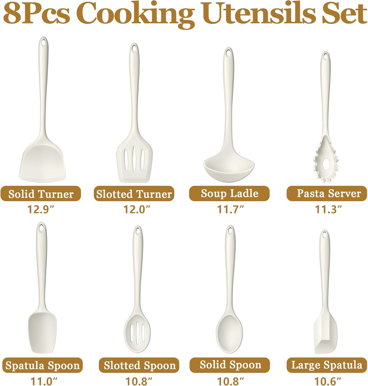 LIANYU Non-Toxic Silicone Kitchen Utensils Set, 8 Piece Non-Scratch Cooking Spoons & Spatulas, Stainless Steel Core, Heat Resistant & Dishwasher Safe, Khaki