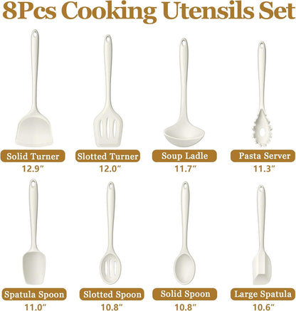 LIANYU Non-Toxic Silicone Kitchen Utensils Set, 8 Piece Non-Scratch Cooking Spoons & Spatulas, Stainless Steel Core, Heat Resistant & Dishwasher Safe, Khaki