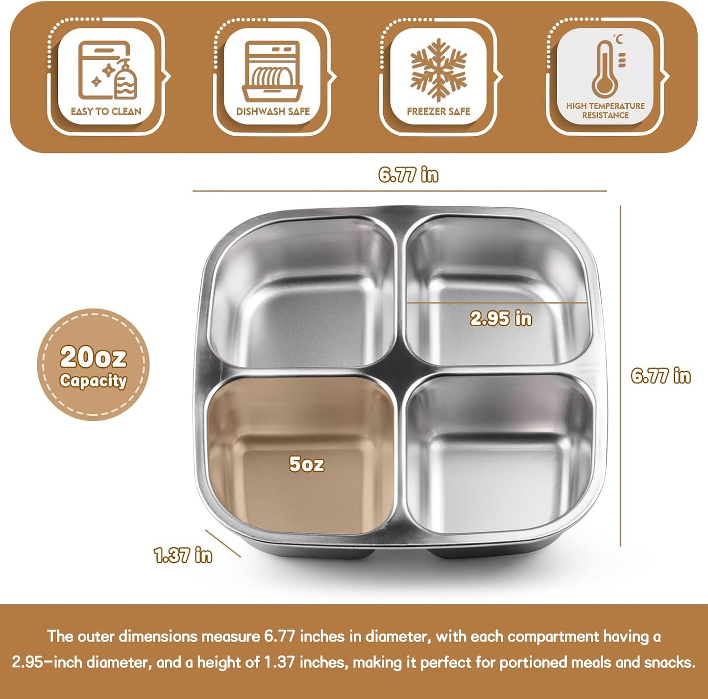 3 Pack Stainless Steel Snack Containers with Airtight Lids, 4 Compartment Food Storage Containers, Reusable Metal Meal Prep Lunch Boxes, Dishwasher Safe, Divided Plates for Adults (Black)