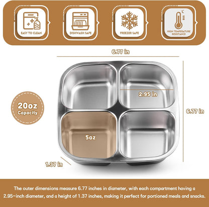 3 Pack Stainless Steel Snack Containers with Airtight Lids, 4 Compartment Food Storage Containers, Reusable Metal Meal Prep Lunch Boxes, Dishwasher Safe, Divided Plates for Adults (Black)