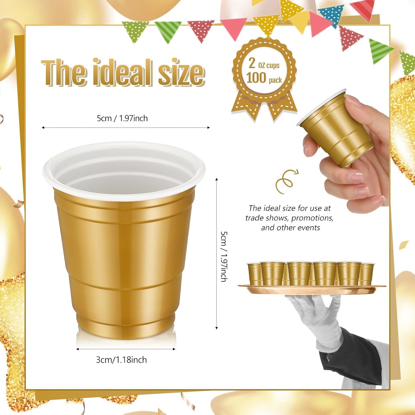 Roshtia 100 Pack 2 oz Plastic Shot Cups, Mini Disposable Shot Glasses 2 oz Wedding Party Cups for Bridal Shower Wedding Party, Beer Taste Serving, Snacks(Black, Gold)