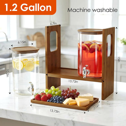 2 PCS 1.2 Gallon Drink Dispenser, Glass Beverage Dispenser with Wood Stand and Detachable Food Platter, Party Drink Dispensers for Lemonade, Juice, Tea, Ice Coffee