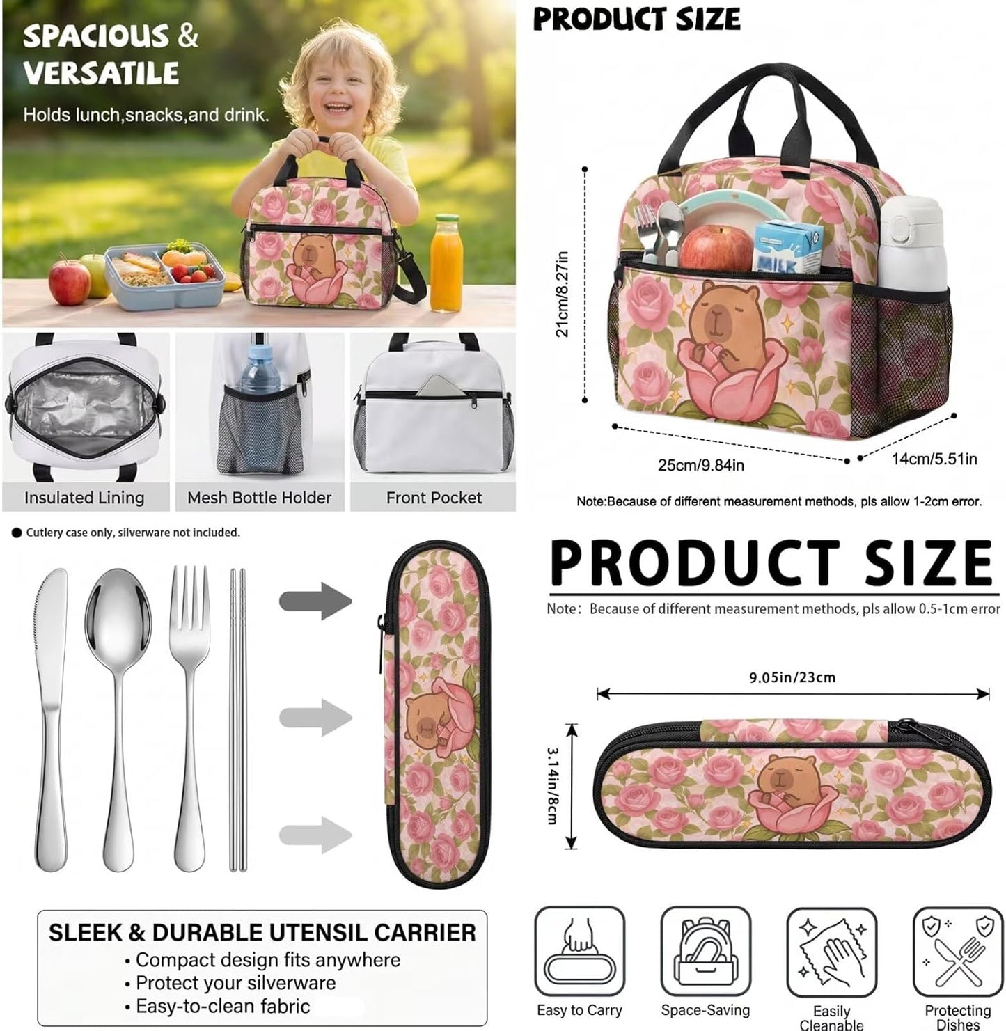 Cute Capybara Pizza Backpack for Girls, 5 Pcs Boys School Bag Set for Kids, 17 Inch Backpacks Lunch Pencil Box Reusable Utensils Case Set for Middle Elementary School, 3rd Grade Backpack