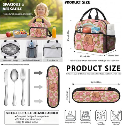 Cute Capybara Pizza Backpack for Girls, 5 Pcs Boys School Bag Set for Kids, 17 Inch Backpacks Lunch Pencil Box Reusable Utensils Case Set for Middle Elementary School, 3rd Grade Backpack