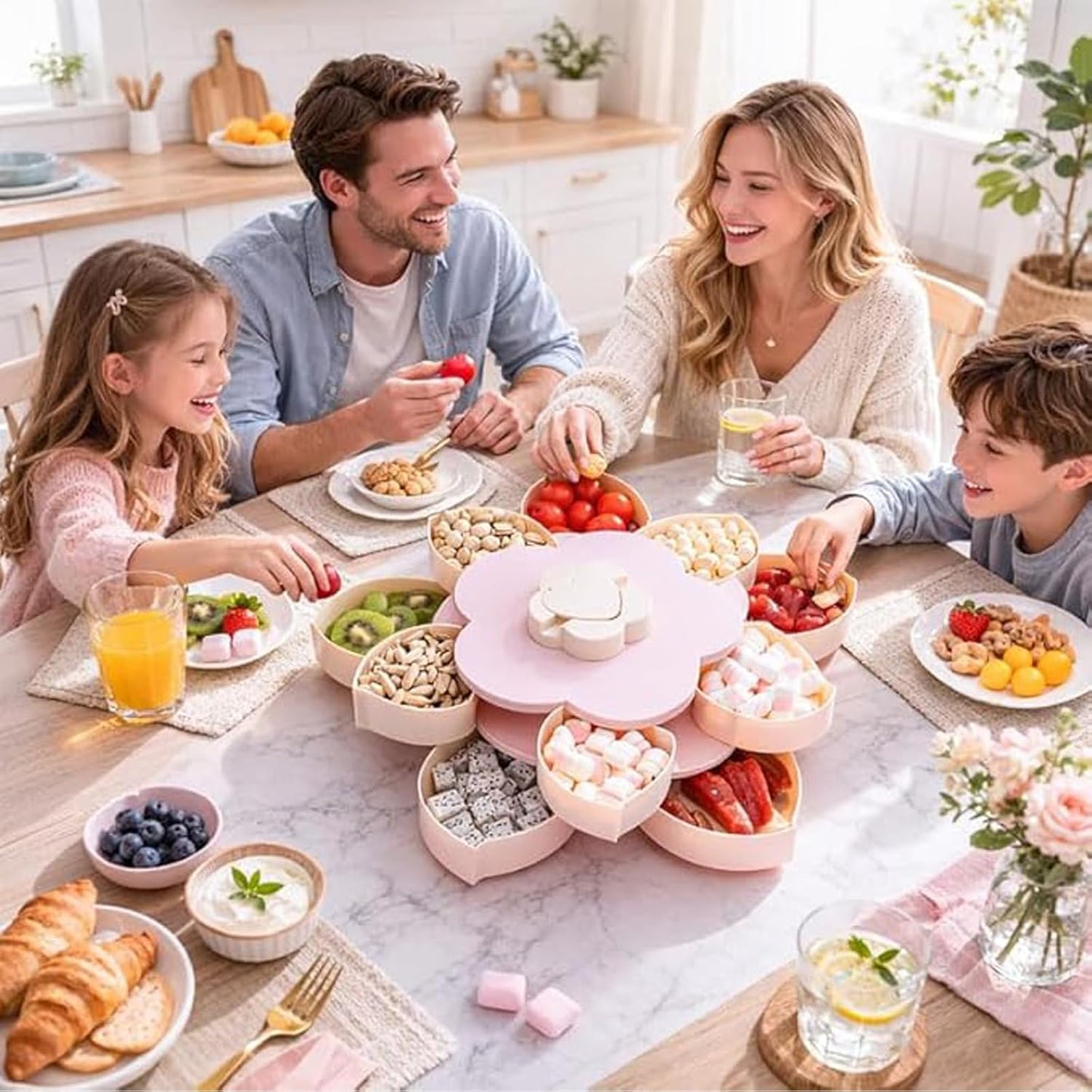 Divided Spin & Snack Serving Tray – Rotating Multi-Compartment Food Organizer, Covered Storage for Chips, Nuts, Dips & Veggies, Perfect for Parties & Entertaining (Pink Double-Layer with Stand)
