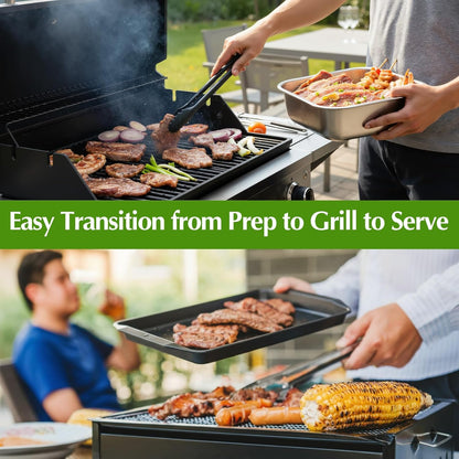 5 Pcs Grill Prep Trays Set Includes Grilling Deep Prep and Serve Trays, 2 Pcs 60oz Stainless Steel Food Container, Cutting Board for Raw Meat Marinating and Finished Cooked Food