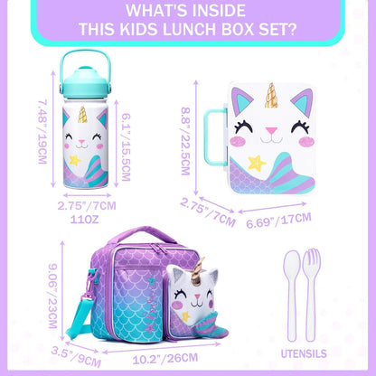 Kids Bento Lunch Box with 6 Compartments Girls Lunch Box with Lunch Bag,Stainless Steel Water Bottle,Ice Pack & Utensils Set,Birthday Gifts for Ages 3-12 Back to School Toddler Girls