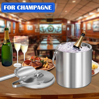 Ice Bucket with Lid & Tong- Well Made Insulated Stainless Steel Keep Ice Frozen Longer - Ideal for Cocktail Bar, Parties, Chilling Wine, Champagne - 2 Liter (Stainless Steel)