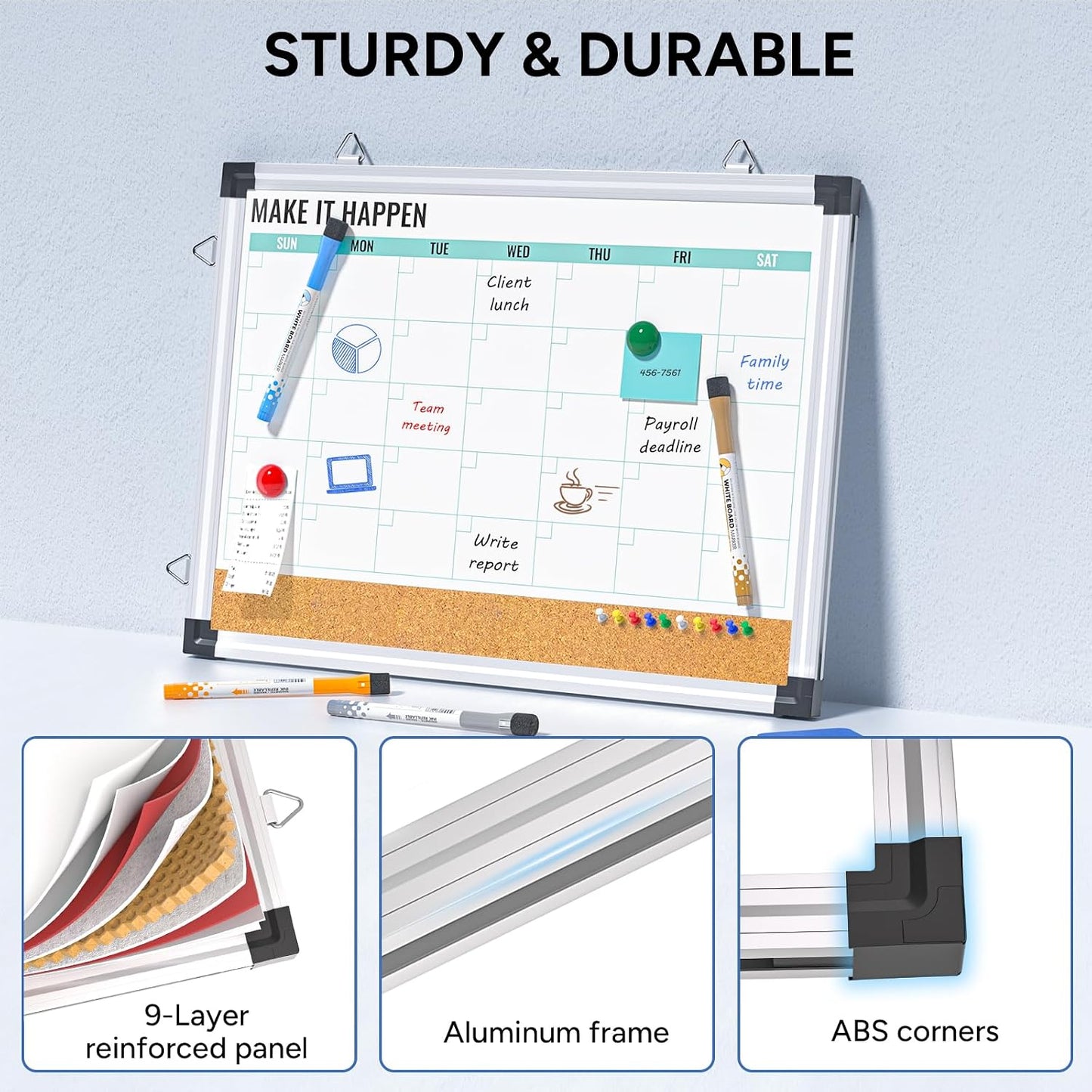 Marsrock Weekly Calendar Whiteboard and Cork Board Combo for Wall, 17"x13" Reversible Hanging Dry Erase Board, Double Sided White Board with Aluminum Frame for Planning, Office, Kitchen, School, Home