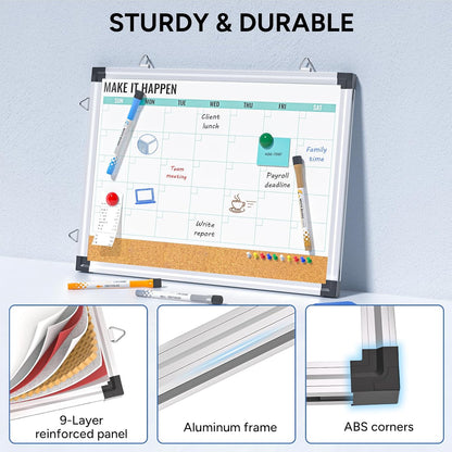 Marsrock Weekly Calendar Whiteboard and Cork Board Combo for Wall, 17"x13" Reversible Hanging Dry Erase Board, Double Sided White Board with Aluminum Frame for Planning, Office, Kitchen, School, Home