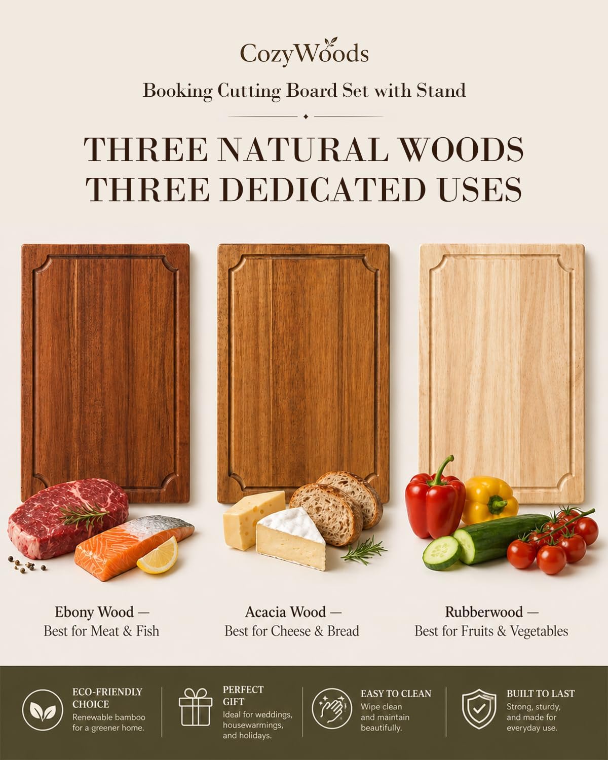 Book Cutting Board Set with Stand,3-Piece Real Hardwood Kitchen Boards