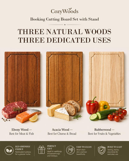 Book Cutting Board Set with Stand,3-Piece Real Hardwood Kitchen Boards
