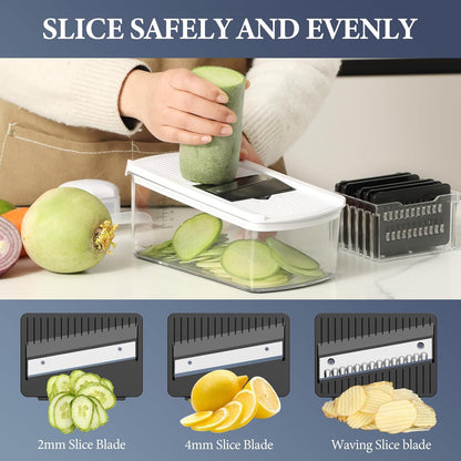 Ourokhome Mandolin Slicer for Kitchen Food, Hand Safe Vegetable Shredder with 6 Mandoline Blades, Veggie Waffle Cutter for Potato, Carrot, Zucchini, Onion, Essential Kitchen Gadgets (6 in 1, Gray)