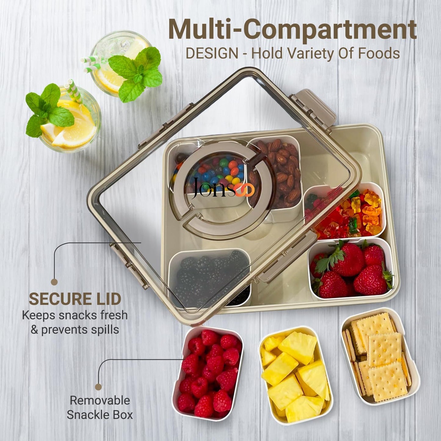 Snackle Box Container, Divided Serving Tray with Lid and Handle – Dishwasher Safe Charcuterie Board and Snack Organizer for Beach Picnics, Refrigerator Storage, Parties, Holidays, and Travel