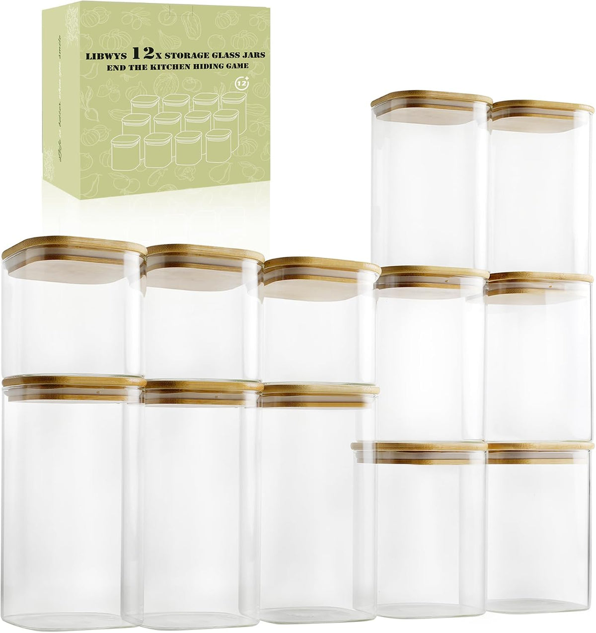 LIBWYS 12-Pack Square Glass Storage Jars with Bamboo Lids (0.6Qt/1.06Qt) - Stackable Food Containers for Pantry Organization, Coffee, Flour, Snacks, Tea | Kitchen Canisters Set
