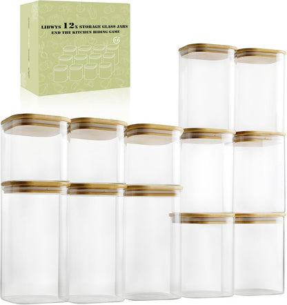 LIBWYS 12-Pack Square Glass Storage Jars with Bamboo Lids (0.6Qt/1.06Qt) - Stackable Food Containers for Pantry Organization, Coffee, Flour, Snacks, Tea | Kitchen Canisters Set