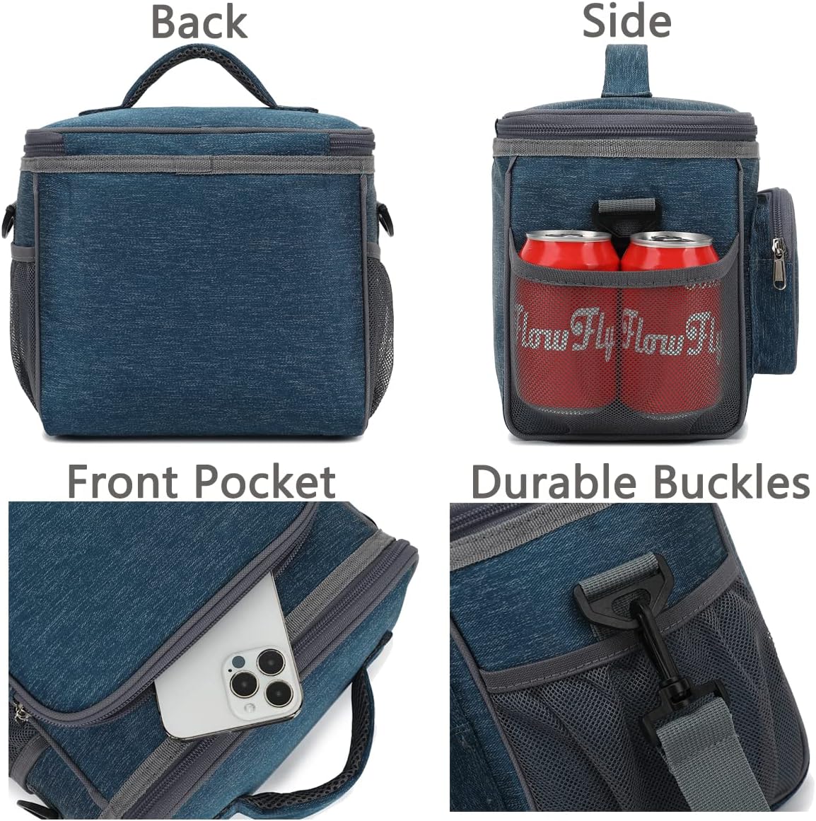 FlowFly Insulated Reusable Lunch Bag Adult Large Lunch Box for Women and Men with Adjustable Shoulder Strap,Front Zipper Pocket and Dual Large Mesh Side Pockets,Cherry - Colors A