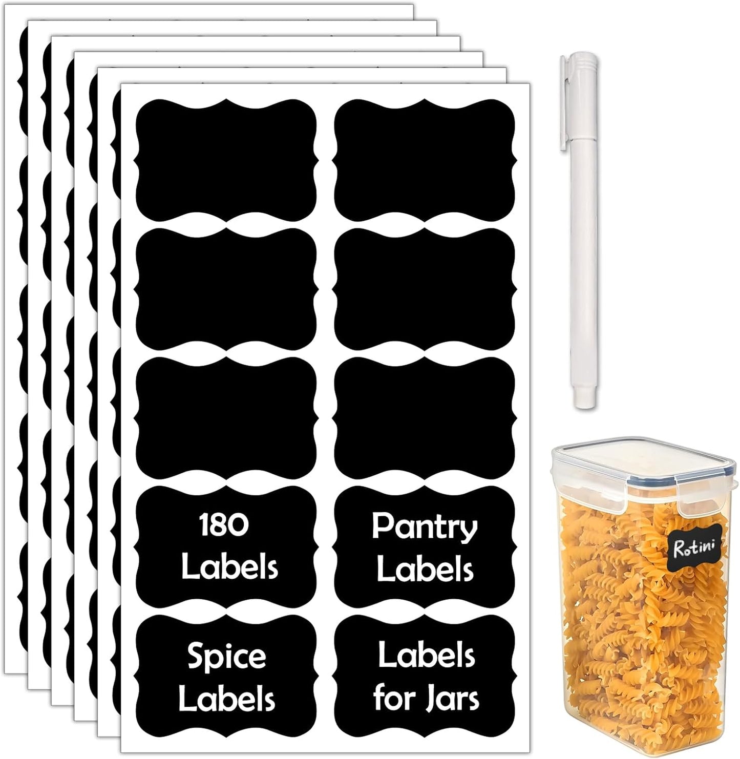 JIEHENG 180Pcs Chalkboard Labels for Jars,Removable Stickers with 1 Liquid Chalk Markers(Black, Wavy)