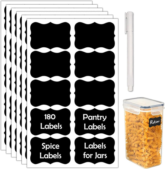 JIEHENG 180Pcs Chalkboard Labels for Jars,Removable Stickers with 1 Liquid Chalk Markers(Black, Wavy)