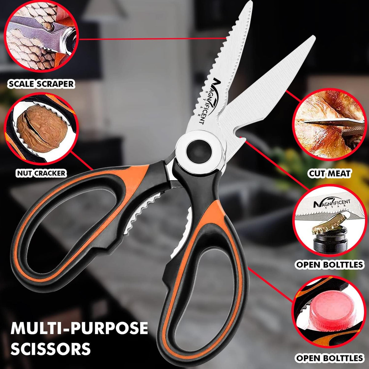 Magnificent Kitchen Scissors Heavy Duty - Multi-Purpose Kitchen Shears for Meat, Poultry, Food - Stainless Steel Cooking Scissors - Dishwasher Safe Culinary Shears