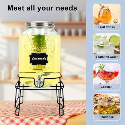 1 Gallon Glass Drink Dispensers For Parties 2PACK.Beverage Dispenser,Glass Drink Dispenser With Stand And Stainless Steel Spigot 100% Leakproof.Lemonade Dispenser With Ice Cylinder.Laundry Detergent