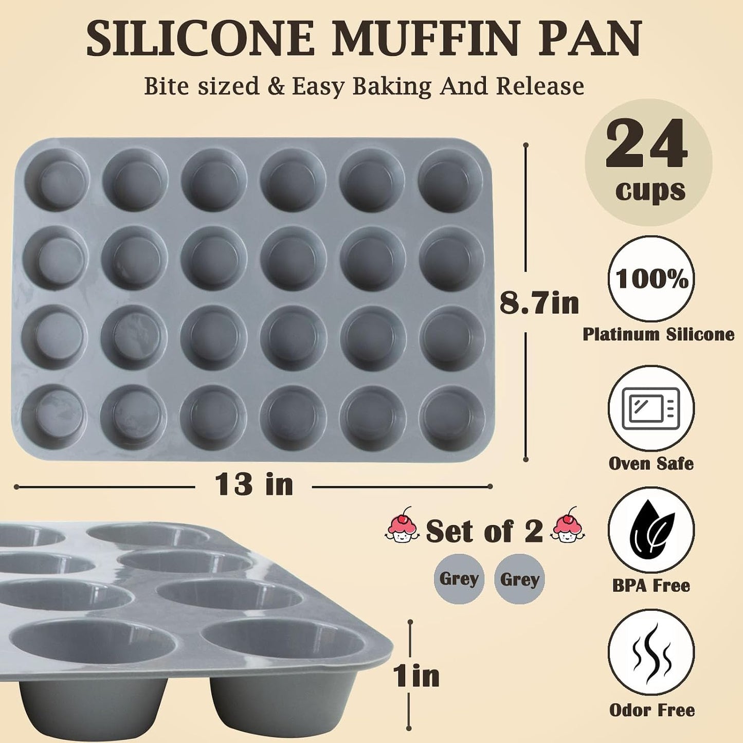 24 Cups Silicone Mini Muffin Pan Set, Nonstick Mini Cupcake Pans, BPA Free Small Muffin Tin for Baking, Set of 2 (Green+Purple)