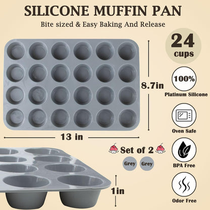 24 Cups Silicone Mini Muffin Pan Set, Nonstick Mini Cupcake Pans, BPA Free Small Muffin Tin for Baking, Set of 2 (Green+Purple)