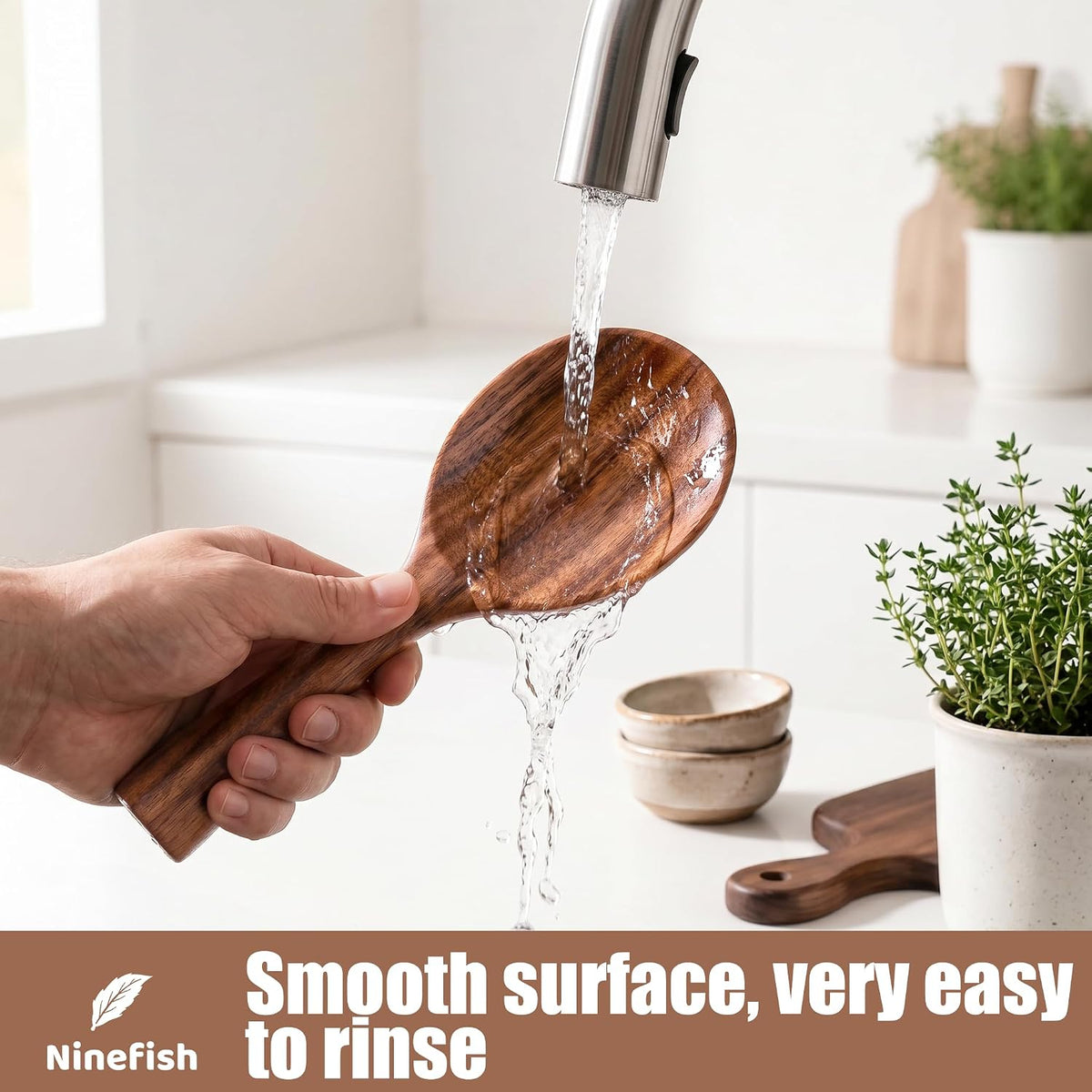 Ninefish Acacia Wood Rice Paddle Set, Non-Stick Wooden Standing Rice Spoon Scooper Spatula, Heat Resistant Rice Cooker Spoon, Durable Natural Wood Serving Utensils for Rice & Potato Servers