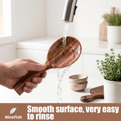 Ninefish Acacia Wood Rice Paddle Set, Non-Stick Wooden Standing Rice Spoon Scooper Spatula, Heat Resistant Rice Cooker Spoon, Durable Natural Wood Serving Utensils for Rice & Potato Servers